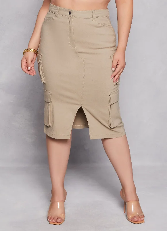 Plus Size Hyper Stretch Slit Front Cargo Skirt