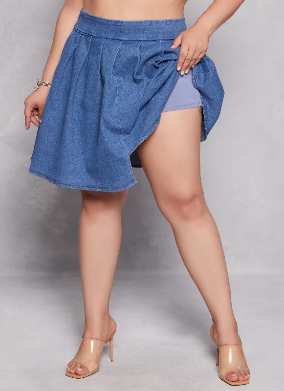 Plus Size Daisy Asymmetrical Pleated Denim Skort