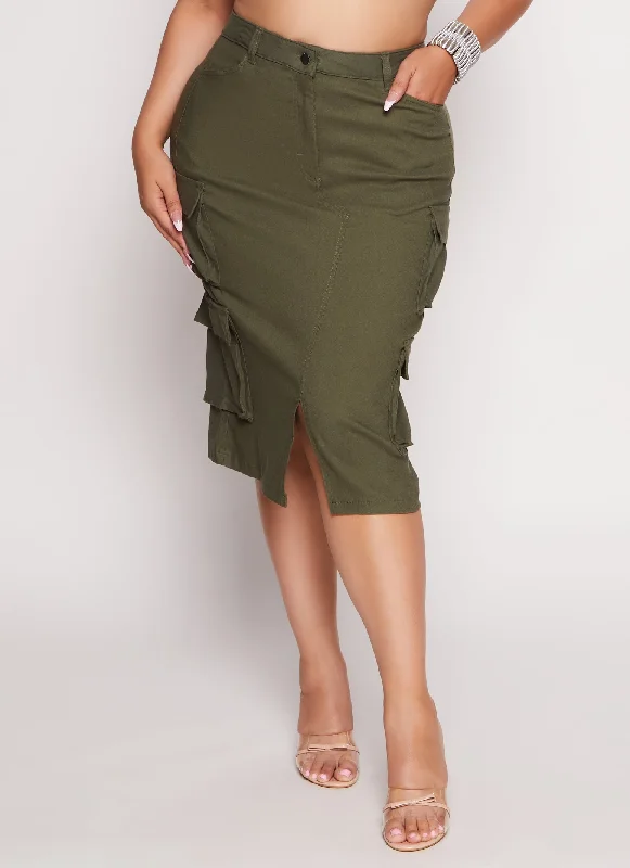 Plus Size Hyper Stretch Slit Front Cargo Skirt