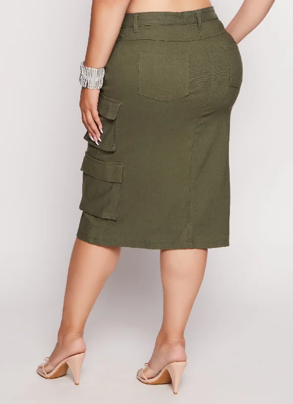 Plus Size Hyper Stretch Slit Front Cargo Skirt