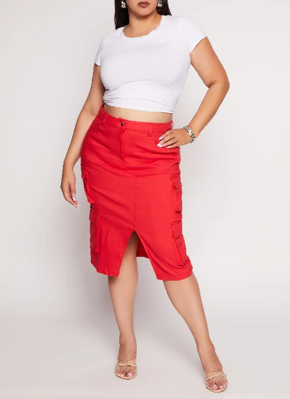 Plus Size Hyper Stretch Slit Front Cargo Skirt