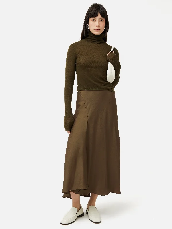 Satin Bias Asymmetric Skirt | Dark Khaki