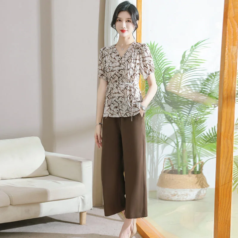 Summer New Leisure Suit Fashion Middle-Aged Women's Clothing Loose Belly-Covering Korean Style All-Match Wide Leg Pants Two-Piece Suit