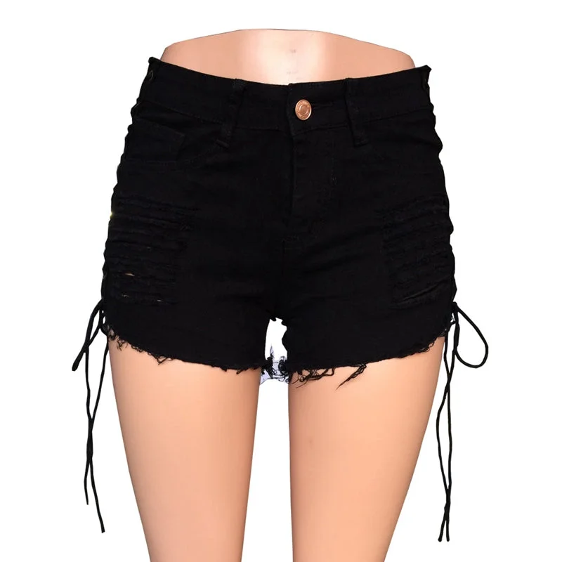 Ripped high waist side lace up denim shorts