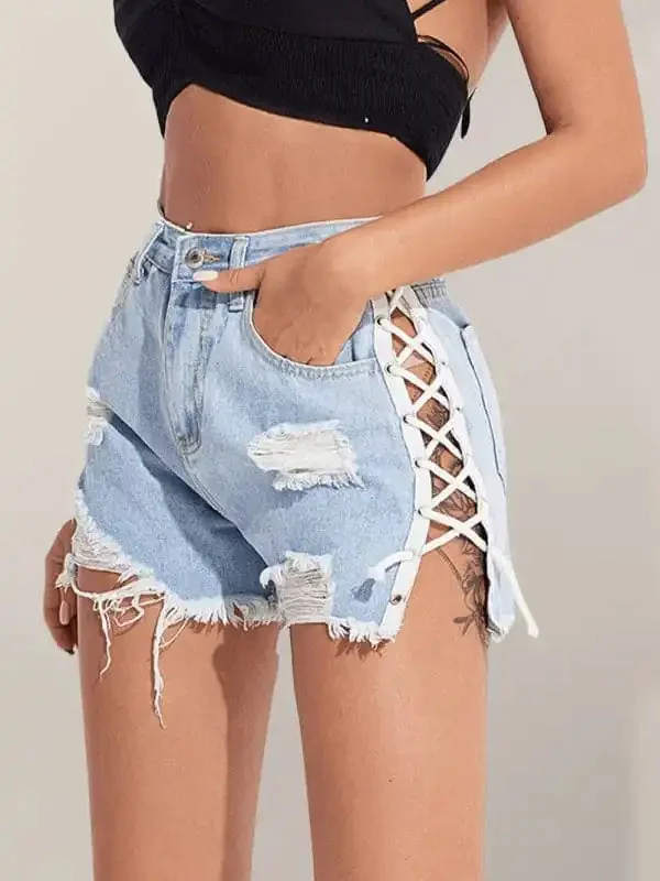 Women’s Ripped Side Lace-up Denim Shorts