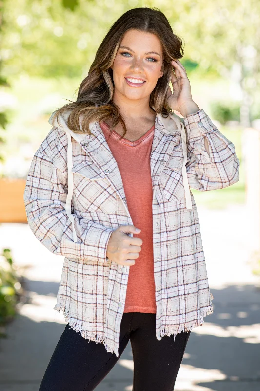 Beige and Cream Hooded Plaid Shacket