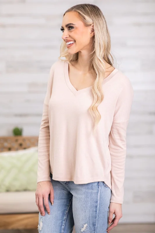 Beige V-Neck Long Sleeve Top