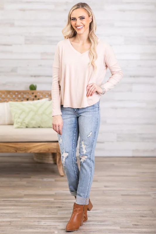 Beige V-Neck Long Sleeve Top