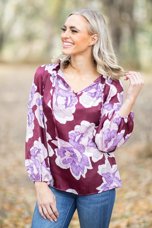 Berry and Purple Floral Print Tie Neck Top