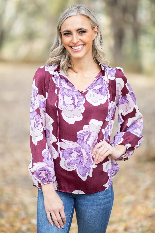 Berry and Purple Floral Print Tie Neck Top