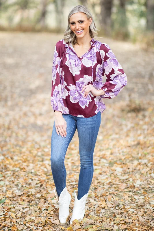 Berry and Purple Floral Print Tie Neck Top