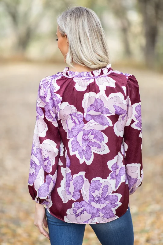 Berry and Purple Floral Print Tie Neck Top