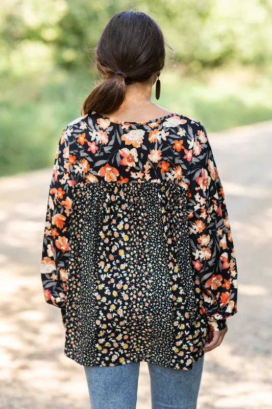 Black and Orange Contrast Floral Print Top