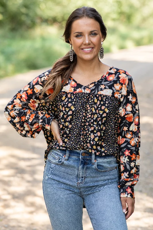 Black and Orange Contrast Floral Print Top