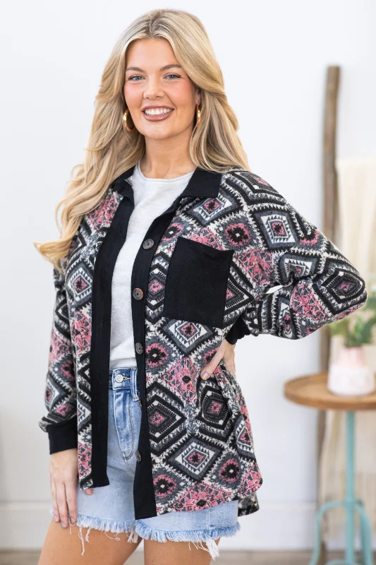 Black and Pink Aztec Print Knit Shacket