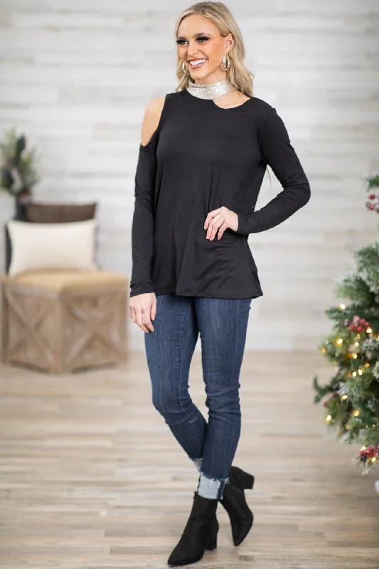 Black and Silver Mock Neck Top With Cutouts