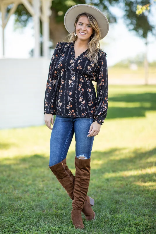 Black and Tan Floral Print Peplum Top