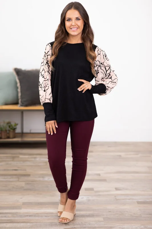 Black and Tan Floral Print Sleeve Top