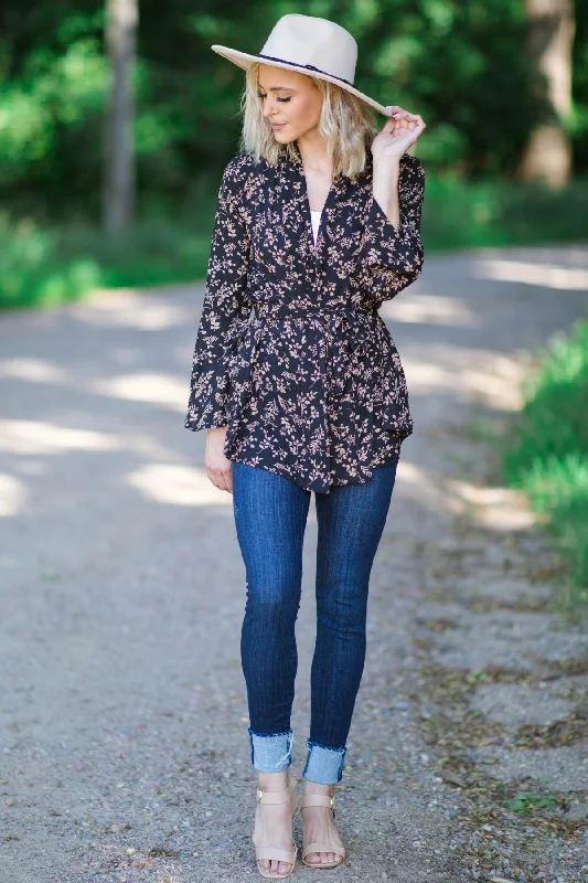 Black and Taupe Floral Tie Waist Long Blazer