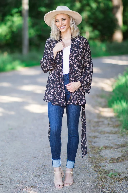 Black and Taupe Floral Tie Waist Long Blazer