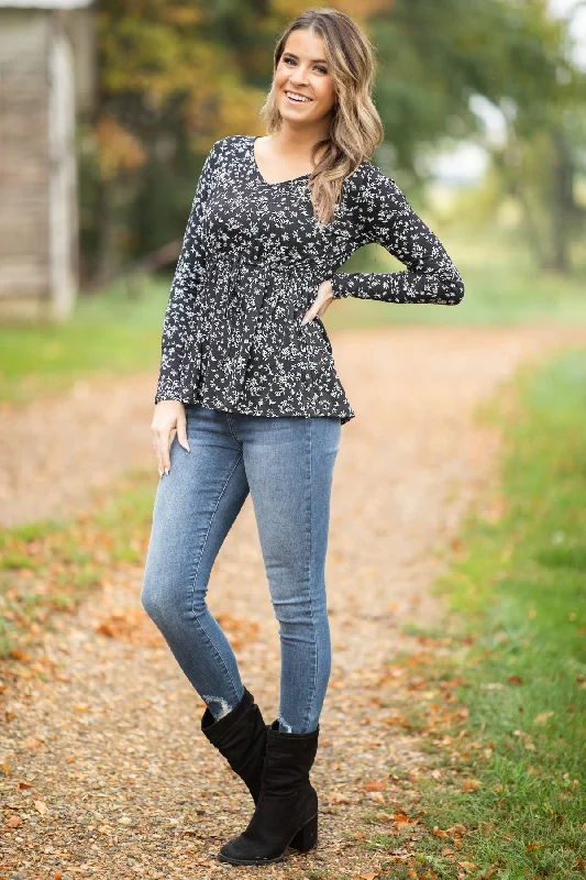 Black and White Tie Waist Floral Print Top