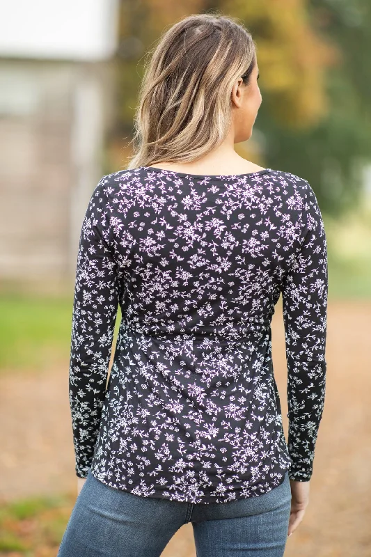 Black and White Tie Waist Floral Print Top