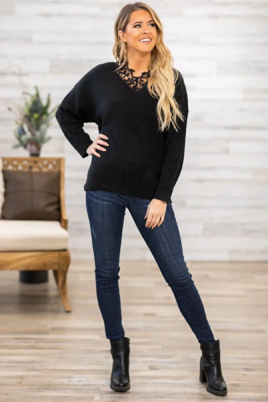 Black Lace Trim Rib Knit Sweater