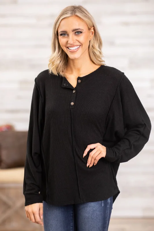 Black Long Sleeve Top With Button Detail