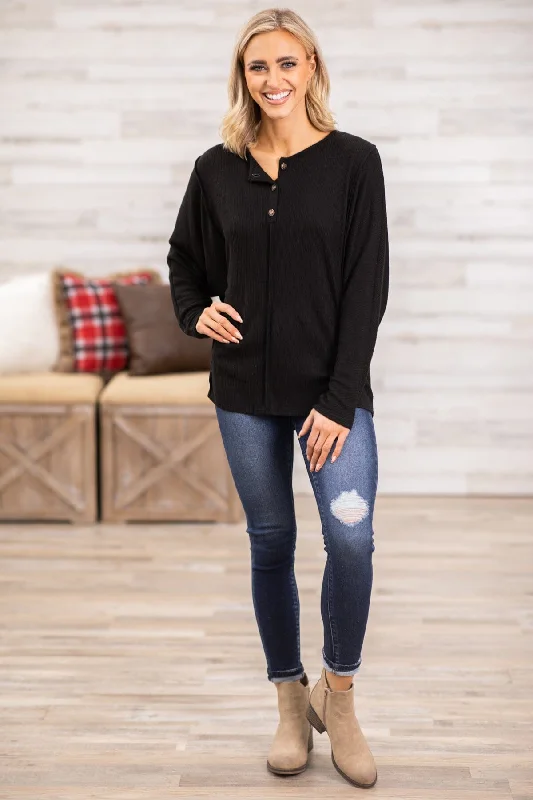 Black Long Sleeve Top With Button Detail