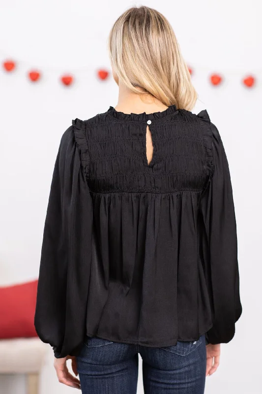 Black Smocked Yoke Balloon Sleeve