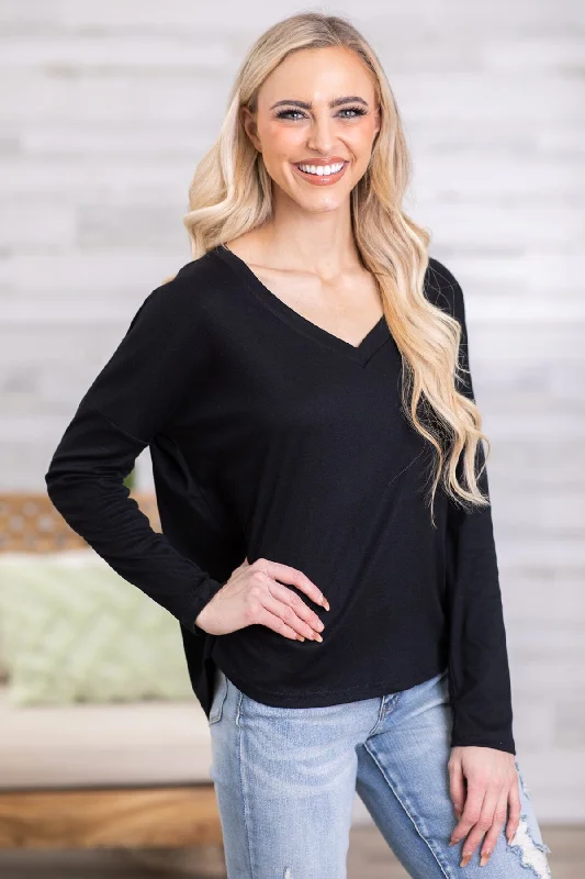 Black V-Neck Long Sleeve Top