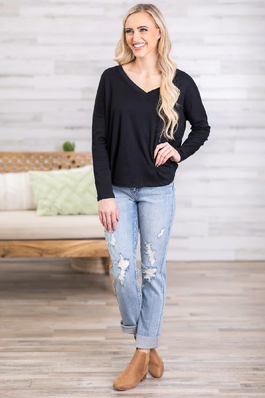 Black V-Neck Long Sleeve Top