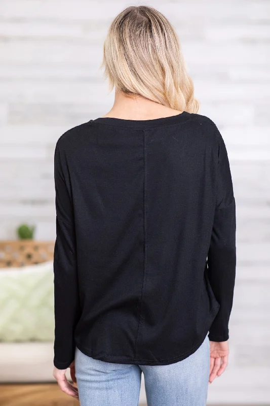 Black V-Neck Long Sleeve Top