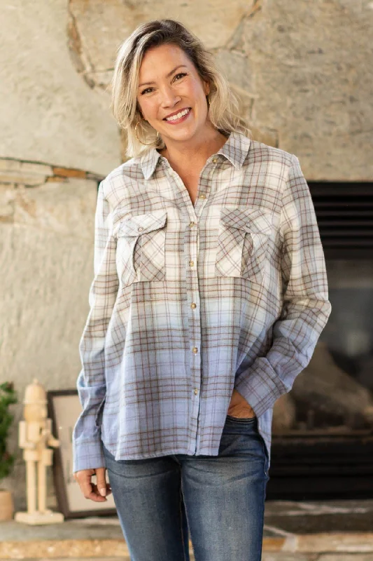 Blue and Grey Ombre Plaid Button Up Top