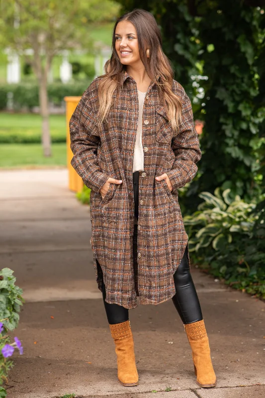 Brown and Cognac Long Plaid Shacket