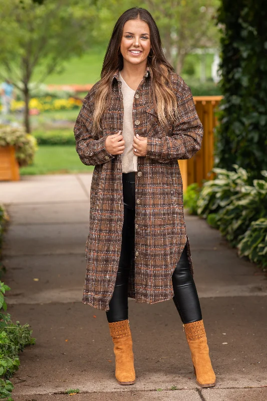 Brown and Cognac Long Plaid Shacket