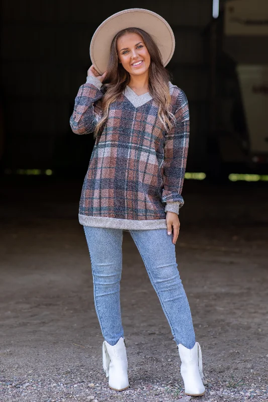 Brown and Cognac Plaid V-Neck Tunic