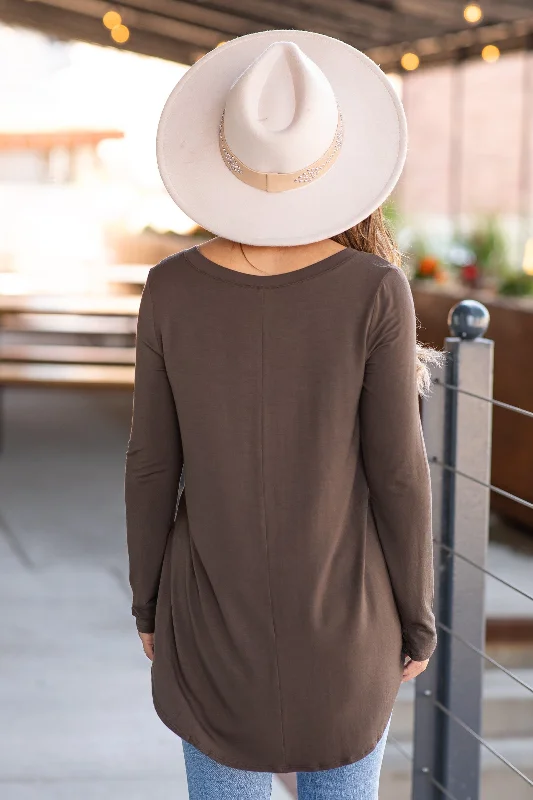 Brown V-Neck Dolphin Hem Basic Top