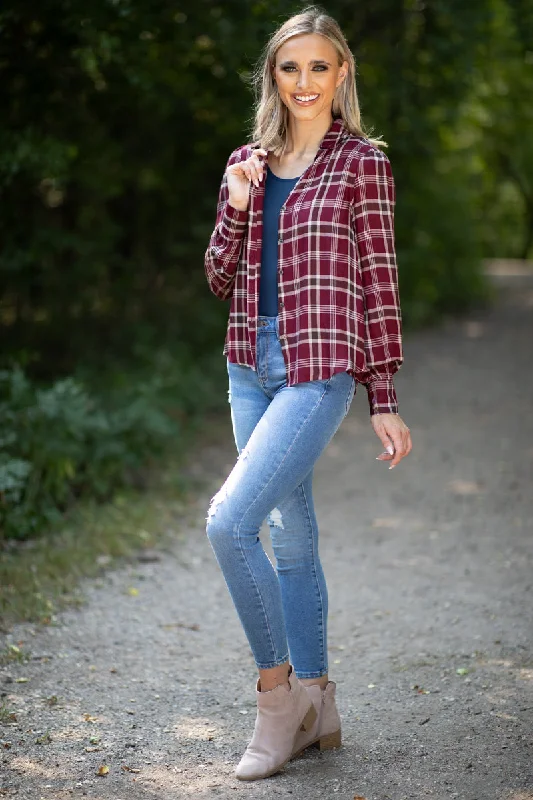 Burgundy and Beige Plaid Button Up Top