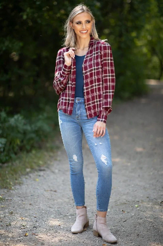 Burgundy and Beige Plaid Button Up Top