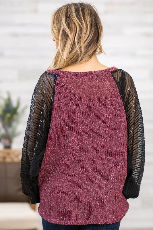 Burgundy and Black Sequin Sleeve Top