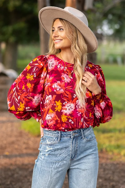 Burgundy and Orange Floral Smocked Cuff Top