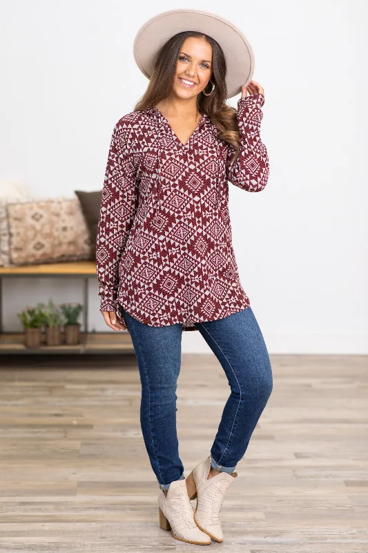 Burgundy Aztec Print V-Neck Top