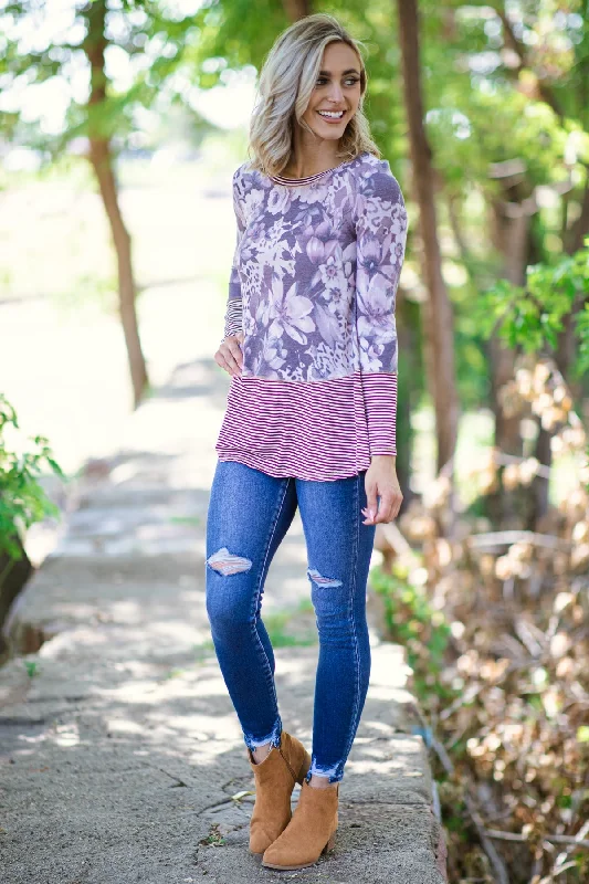 Burgundy Floral Print and Stripe Top