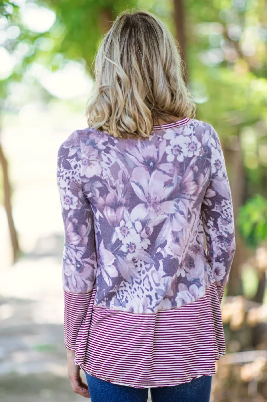 Burgundy Floral Print and Stripe Top