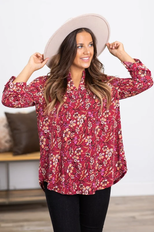 Burgundy Floral Print Wrinkle Free Lizzy Top