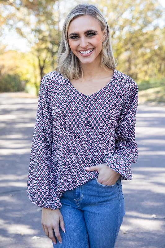 Burgundy Multicolor Geometric Print Top