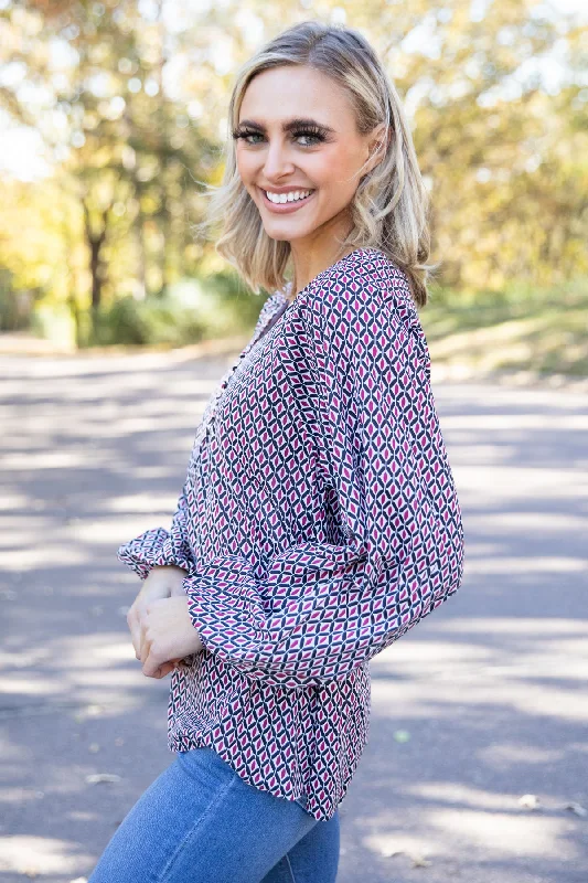 Burgundy Multicolor Geometric Print Top