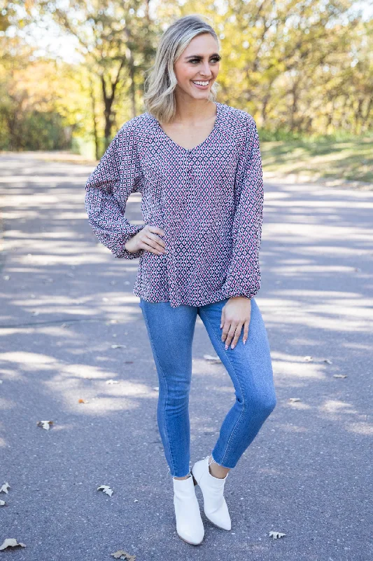 Burgundy Multicolor Geometric Print Top