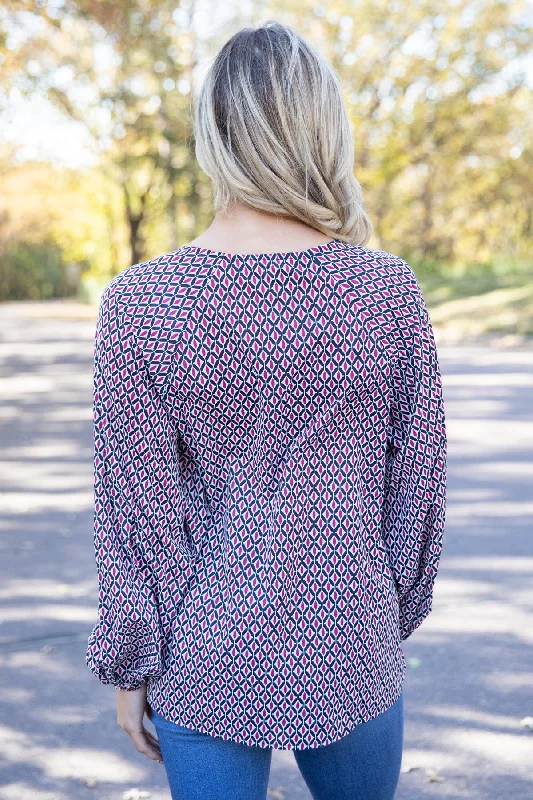 Burgundy Multicolor Geometric Print Top